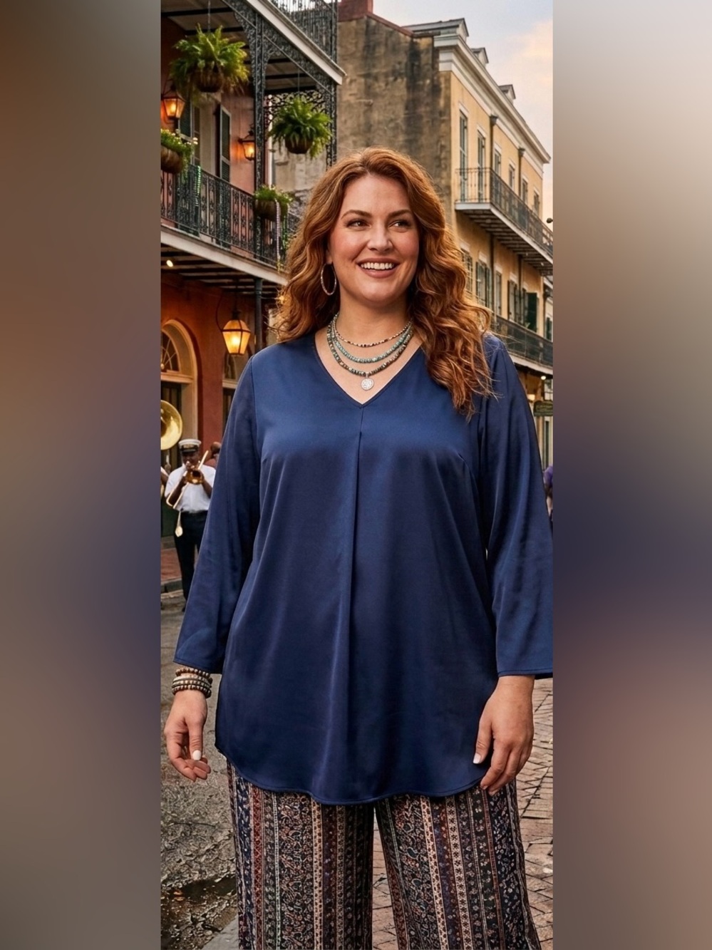 Emery Rose Navy Blue V-Neck Tunic Top Front Pleat Long Sleeve